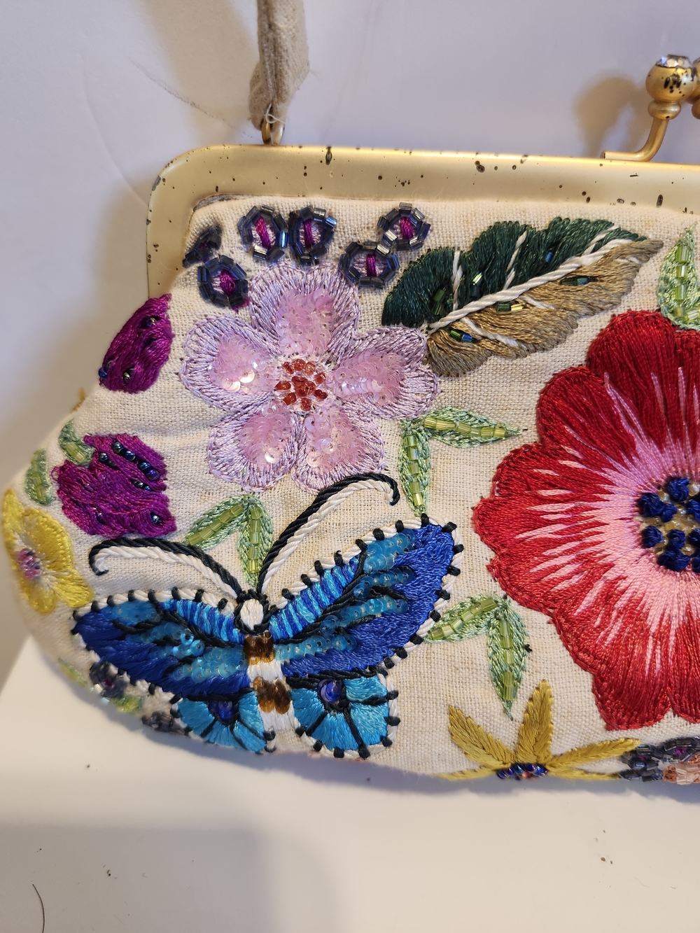 NEW SANTI Embroidered Floral & Butterfly Natural Linen Canvas Evening Bag $165 - Picture 3 of 9